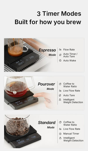 Svart kaffevekt med flere tidsinnstillinger og presisjon for espresso og brygging, baristatilbehør, alt om kaffe.