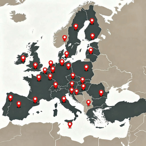 Kart over Europa med røde markører som viser utvalgte steder i flere europeiske land.