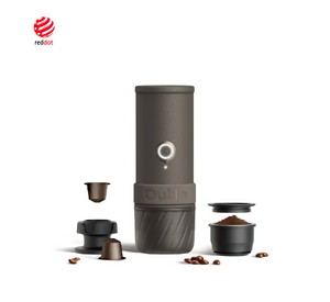 Bærbar espressomaskin i canyon green med kapsler, malt kaffe og tilbehør, fra siste nytt og bærbare kaffetraktere.